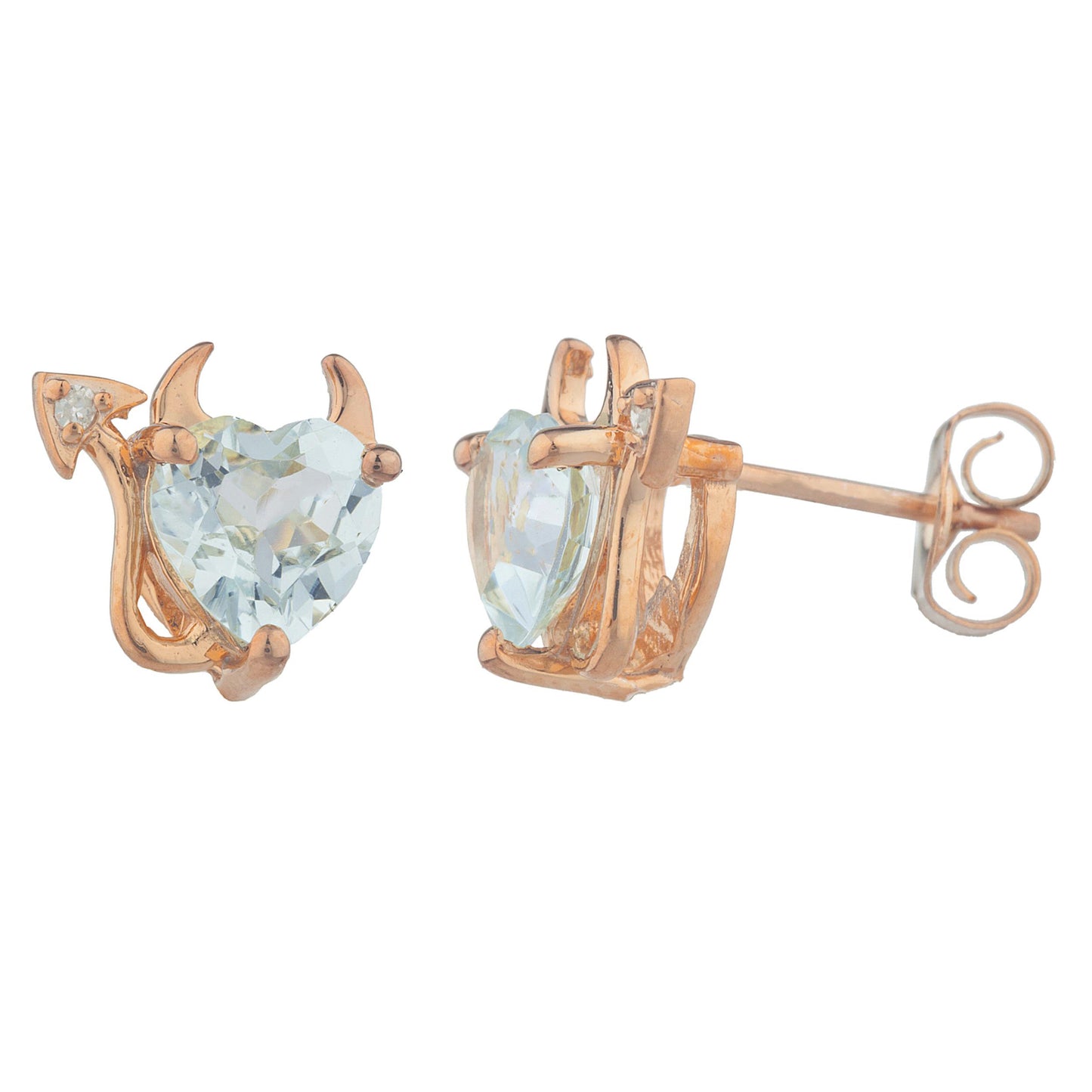 14Kt Gold Aquamarine & Diamond Devil Heart Stud Earrings