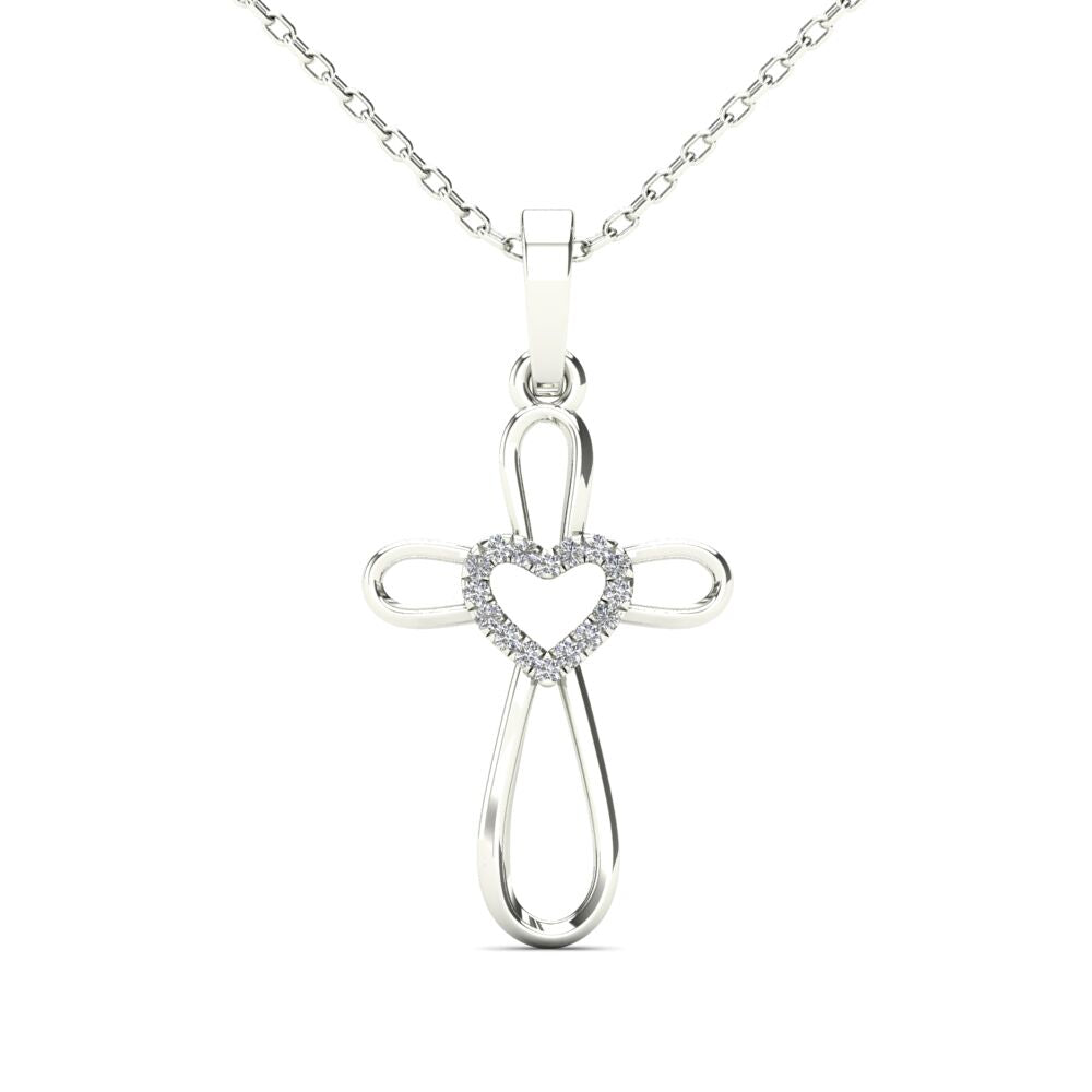 14Kt White Gold Genuine Natural Diamond Cross Heart Pendant Necklace