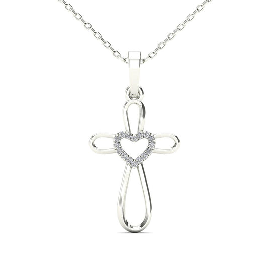 14Kt White Gold Genuine Natural Diamond Cross Heart Pendant Necklace