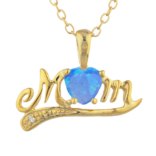 14Kt Gold Blue Opal & Diamond Heart Mom Pendant Necklace