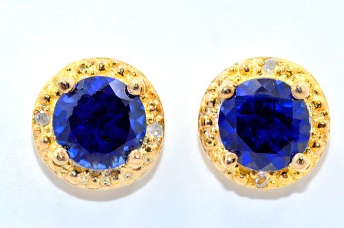 14Kt Yellow Gold Blue Sapphire & Diamond Round Stud Earrings