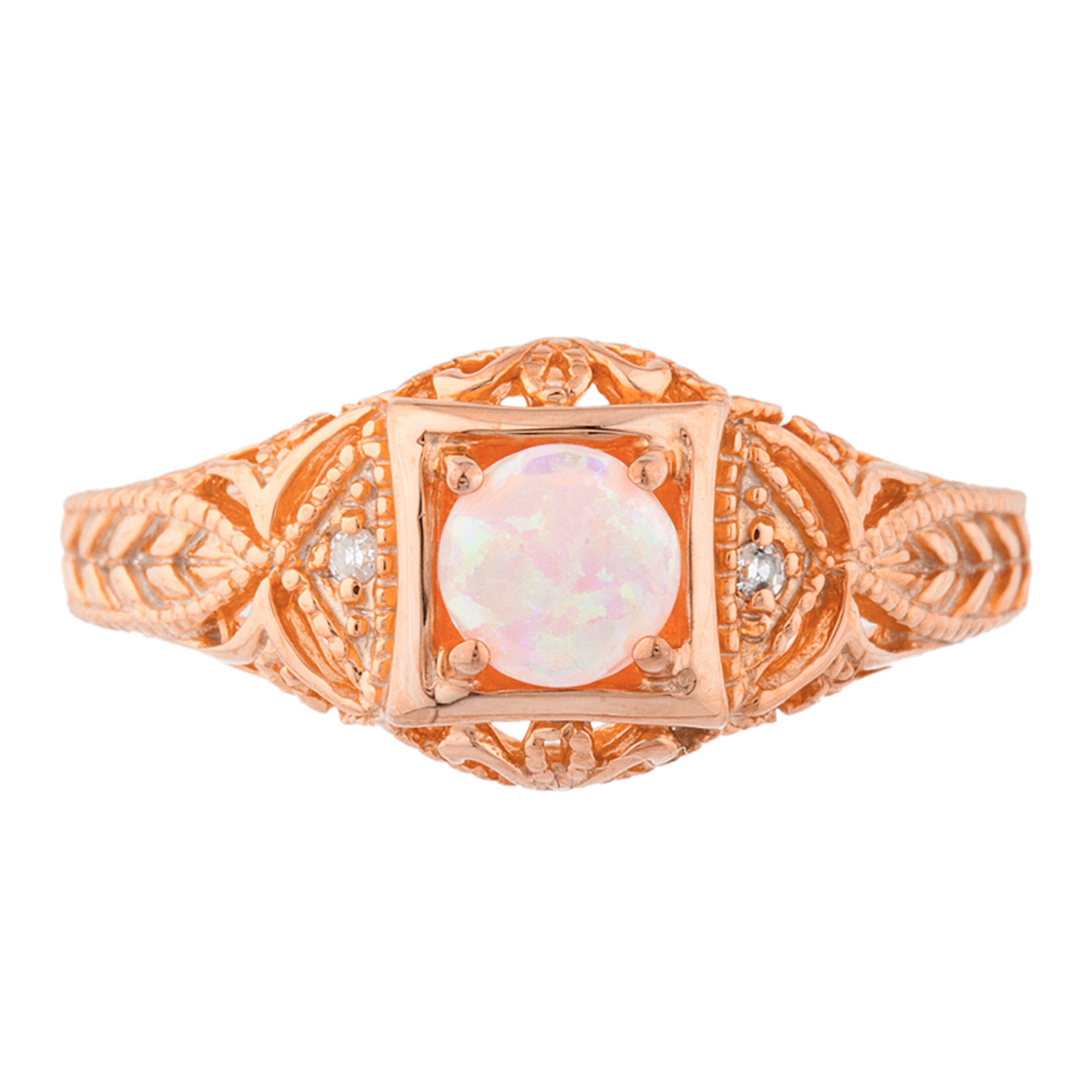 14Kt Gold Pink Opal & Diamond Design Round Ring
