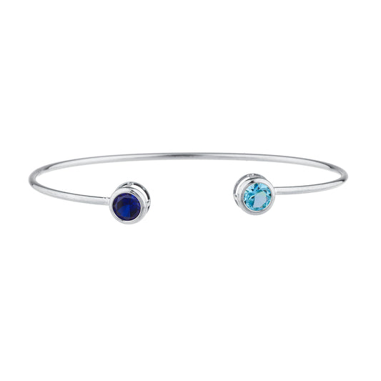 Created Blue Sapphire & Blue Topaz Round Bezel Bangle Bracelet .925 Sterling Silver