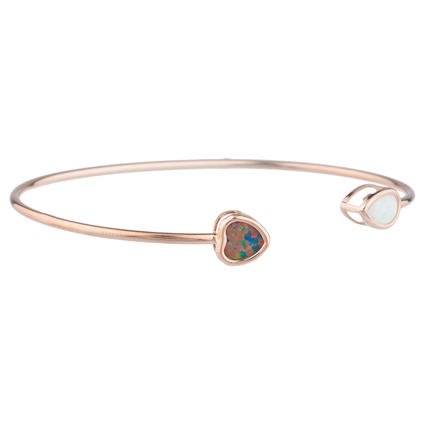 Black Opal Heart & White Opal Pear Bezel Bangle Bracelet 14Kt Rose Gold Plated Over .925 Sterling Silver