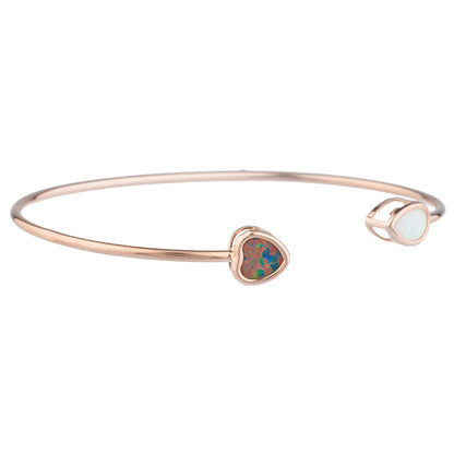 Black Opal Heart & White Opal Pear Bezel Bangle Bracelet 14Kt Rose Gold Plated Over .925 Sterling Silver