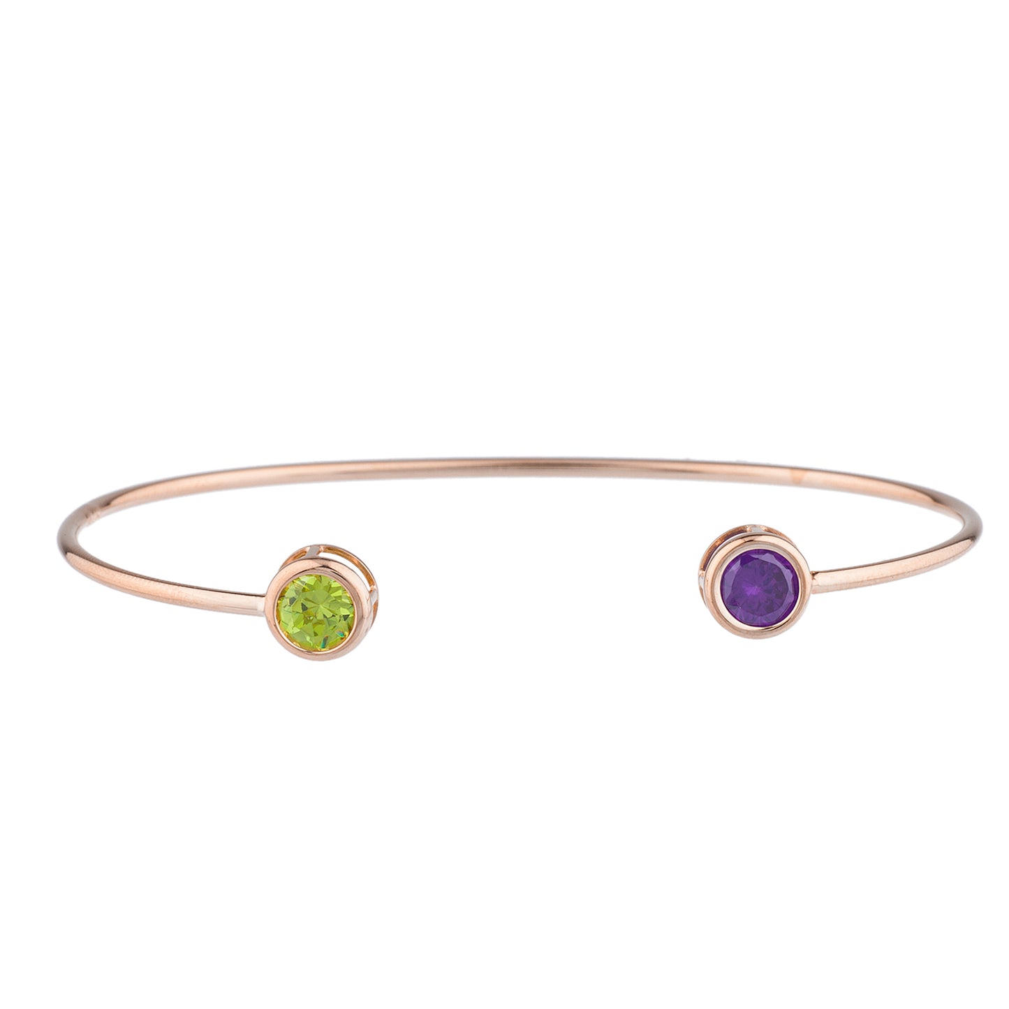 Peridot & Amethyst Round Bezel Bangle Bracelet 14Kt Rose Gold Plated Over .925 Sterling Silver