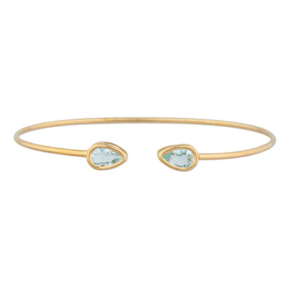 14Kt Gold Genuine Aquamarine Pear Bezel Bangle Bracelet