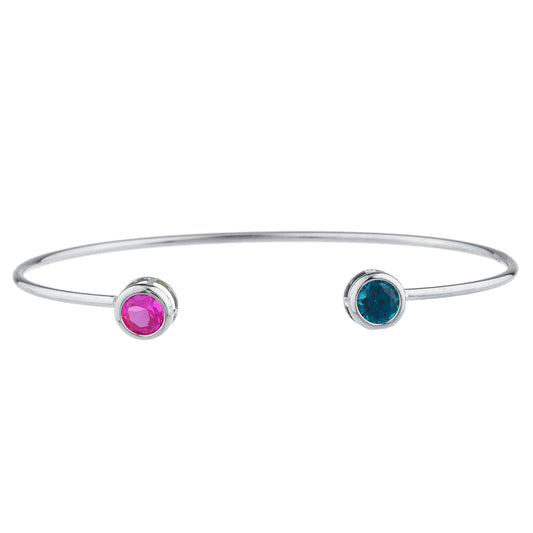 Pink Sapphire & London Blue Topaz Round Bezel Bangle Bracelet .925 Sterling Silver