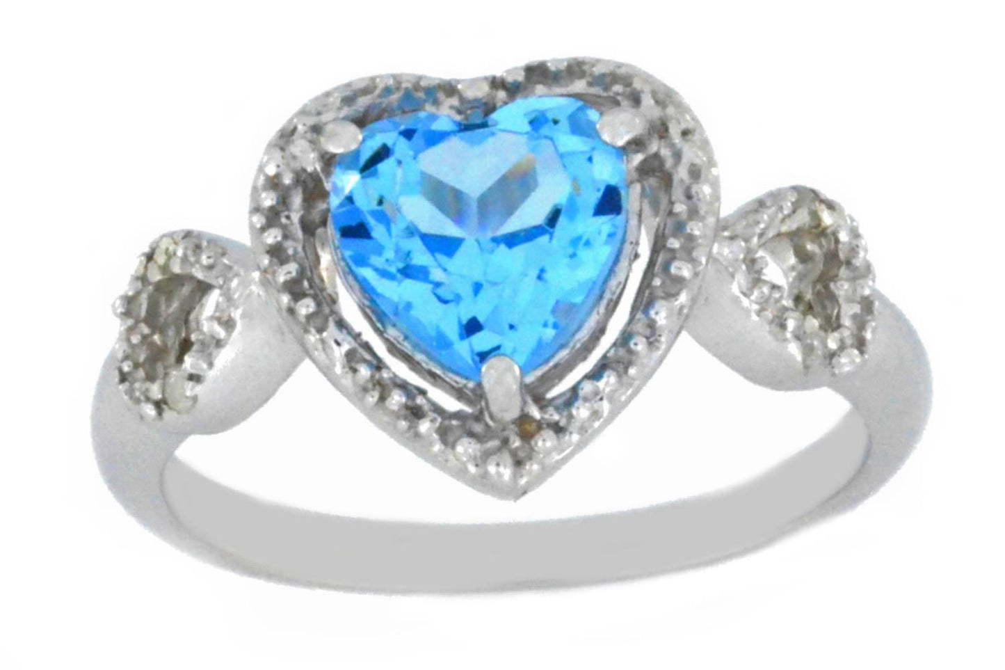 1.5 Ct Blue Topaz & Diamond Heart Ring .925 Sterling Silver Rhodium Finish