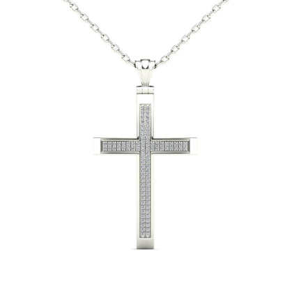 14Kt White Gold 0.25 Ct Genuine Natural Diamond Cross Pendant Necklace