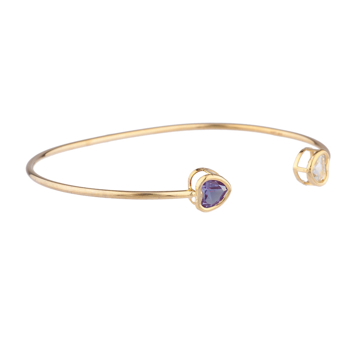 Genuine Aquamarine & Alexandrite Heart Bezel Bangle Bracelet 14Kt Yellow Gold Plated Over .925 Sterling Silver