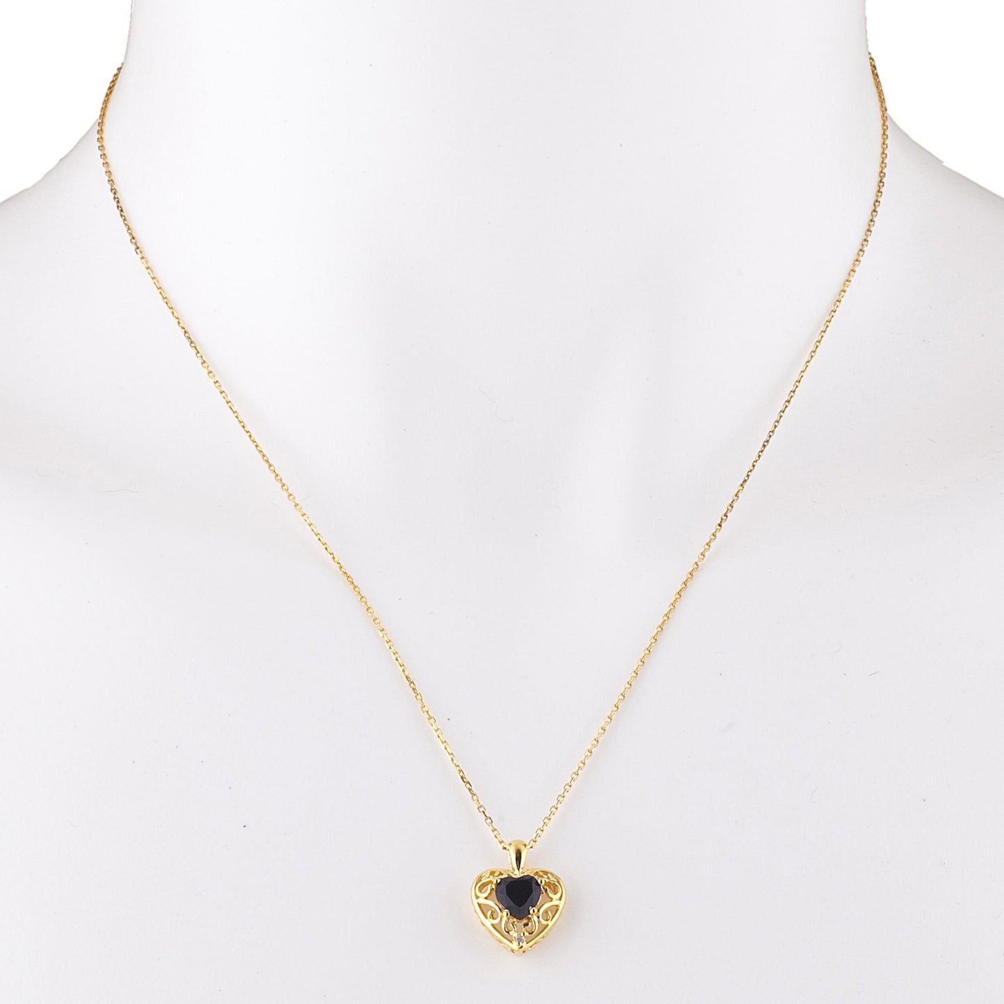 14Kt Yellow Gold Plated Genuine Black Onyx & Diamond Love Design Heart Pendant