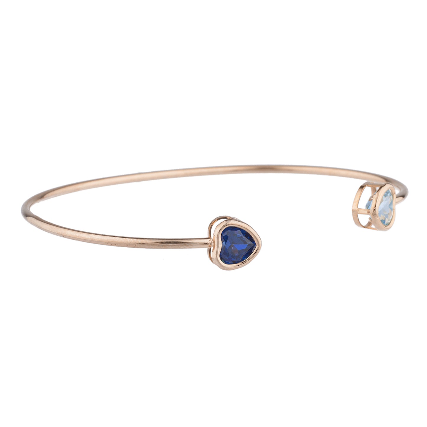 Created Blue Sapphire & Blue Topaz Heart Bezel Bangle Bracelet 14Kt Rose Gold Plated Over .925 Sterling Silver