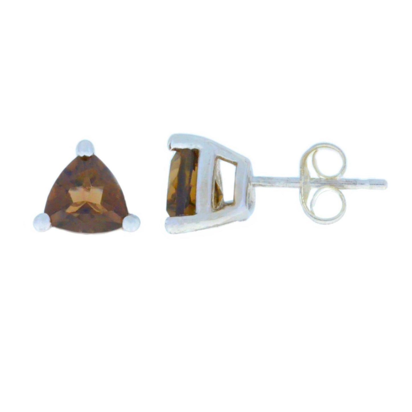 14Kt Gold Genuine Smoky Topaz Trillion Stud Earrings