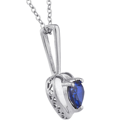 14Kt Gold Blue Sapphire & Diamond Heart Design Pendant Necklace