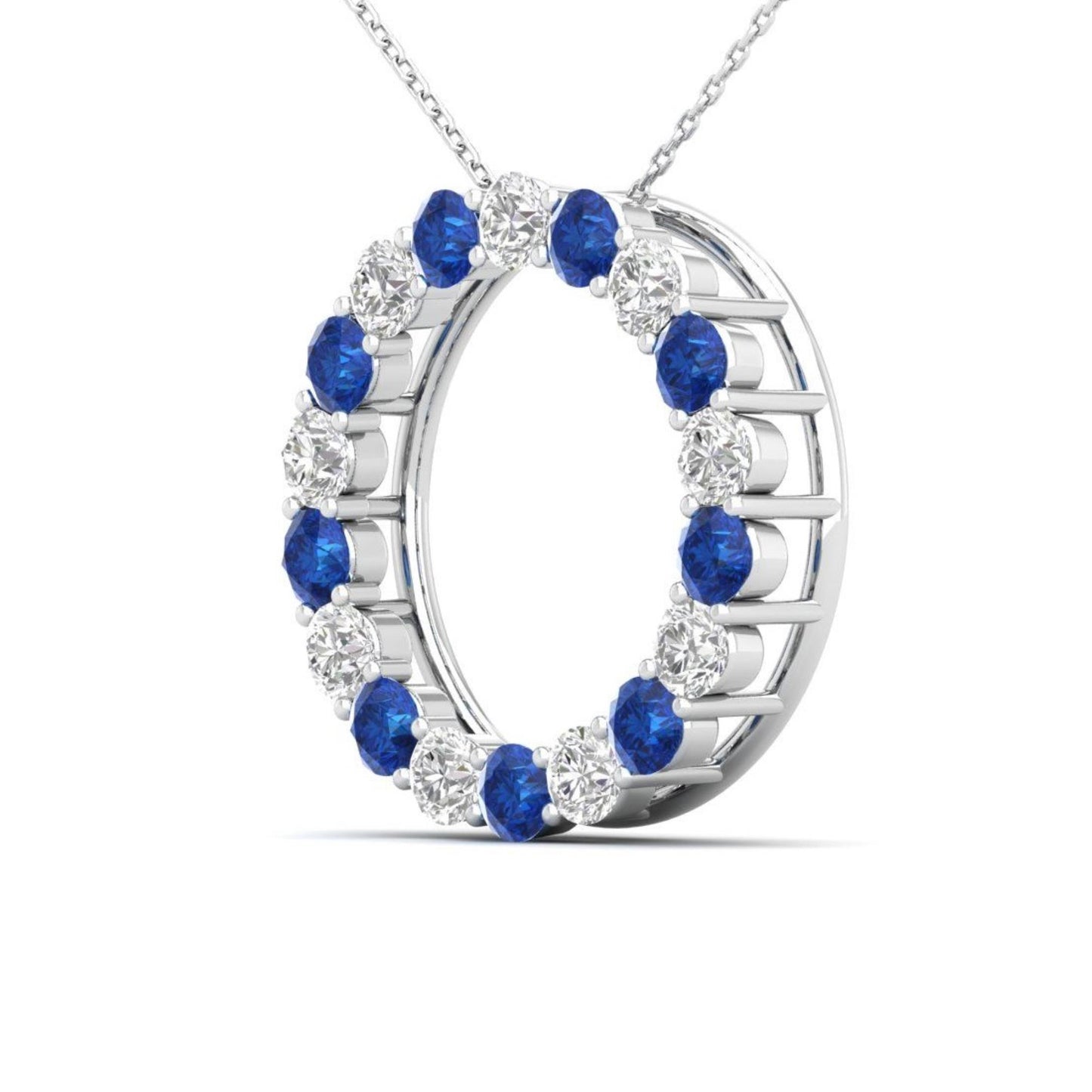 14Kt White Gold 0.43 Ct White & Blue Diamond Round Circle Design Pendant Necklace