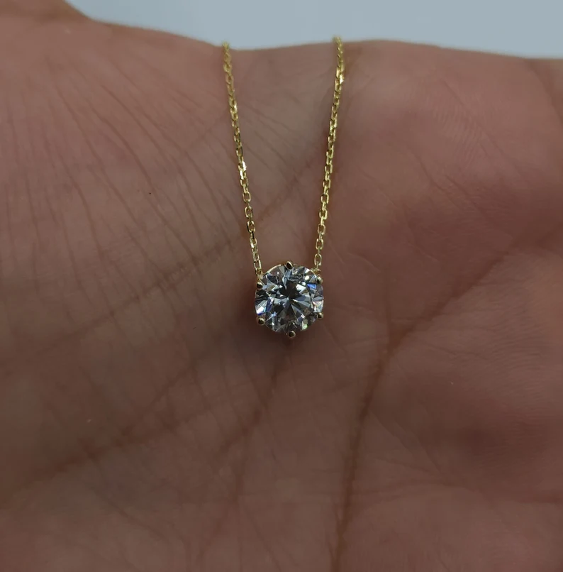 14Kt Gold 1 Ct Lab Grown Diamond 6 Prong Solitaire Pendant Necklace