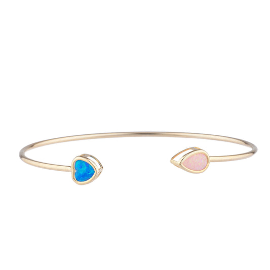 Blue Opal Heart & Pink Opal Pear Bezel Bangle Bracelet 14Kt Yellow Gold Plated Over .925 Sterling Silver