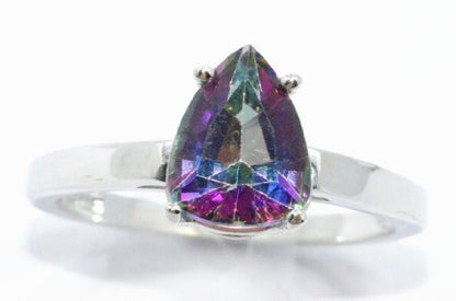 2 Ct Genuine Mystic Topaz Pear Ring .925 Sterling Silver Rhodium Finish