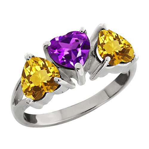 3 Ct Amethyst & Citrine Heart Ring .925 Sterling Silver Rhodium Finish