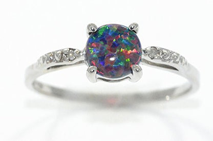 6mm Black Opal & Diamond Round Ring .925 Sterling Silver Rhodium Finish