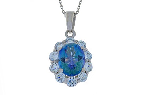 4 Ct Genuine Blue Mystic Topaz & White Topaz Oval Pendant .925 Sterling Silver Rhodium Finish