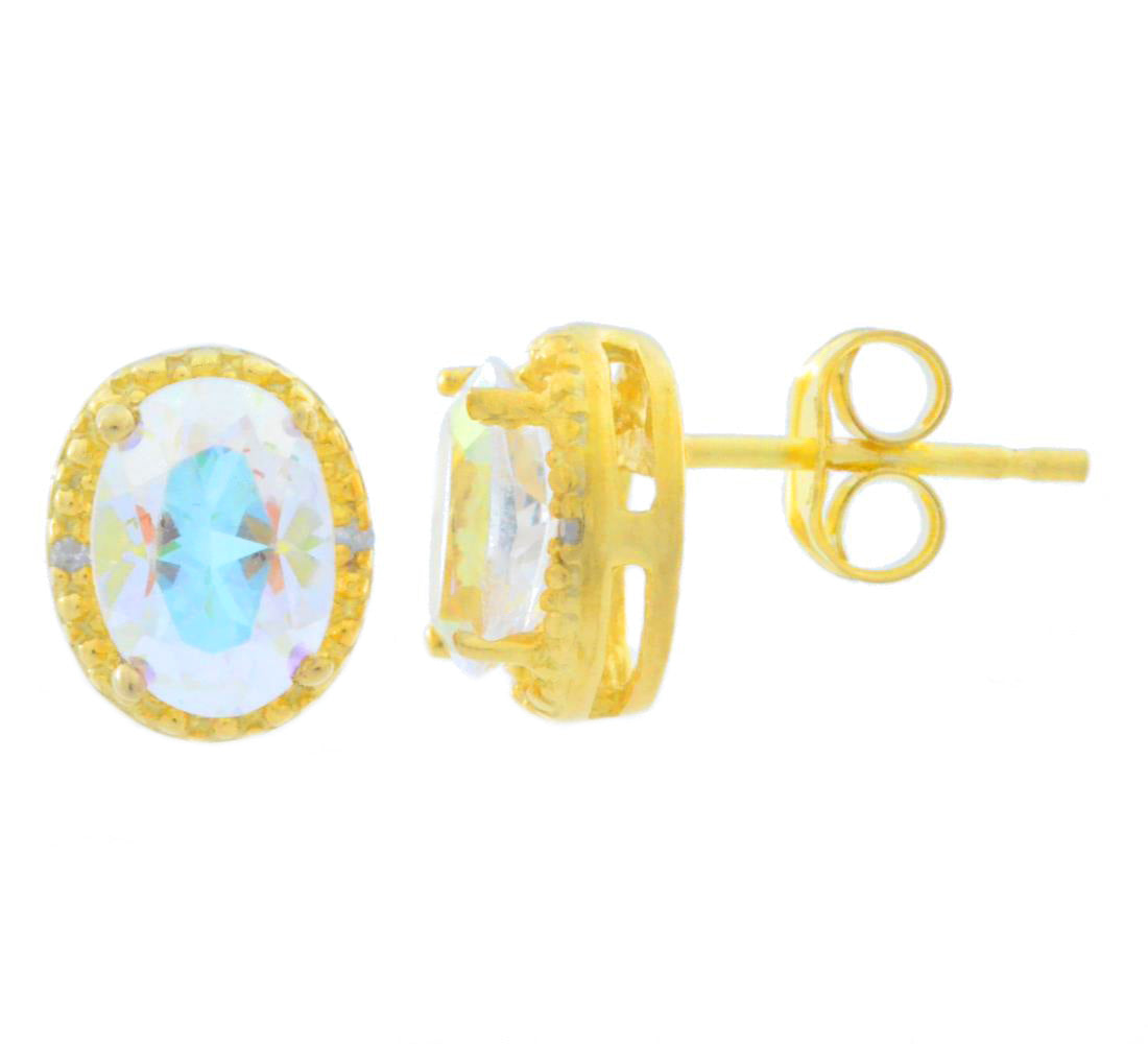 2 Ct Mercury Mist Mystic Topaz & Diamond Oval Stud Earrings 14Kt Yellow Gold Plated