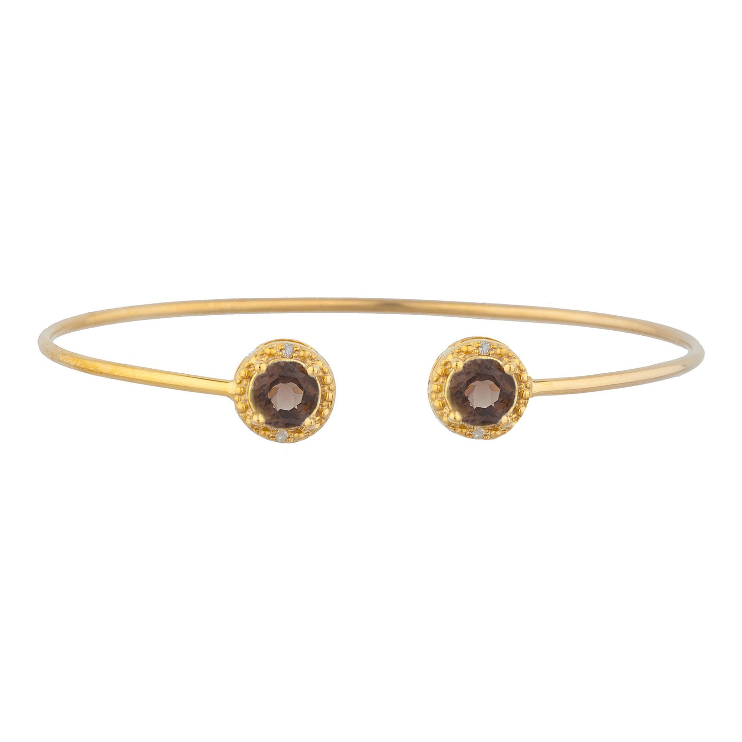 14Kt Yellow Gold Plated Genuine Smoky Topaz & Diamond Round Bangle Bracelet