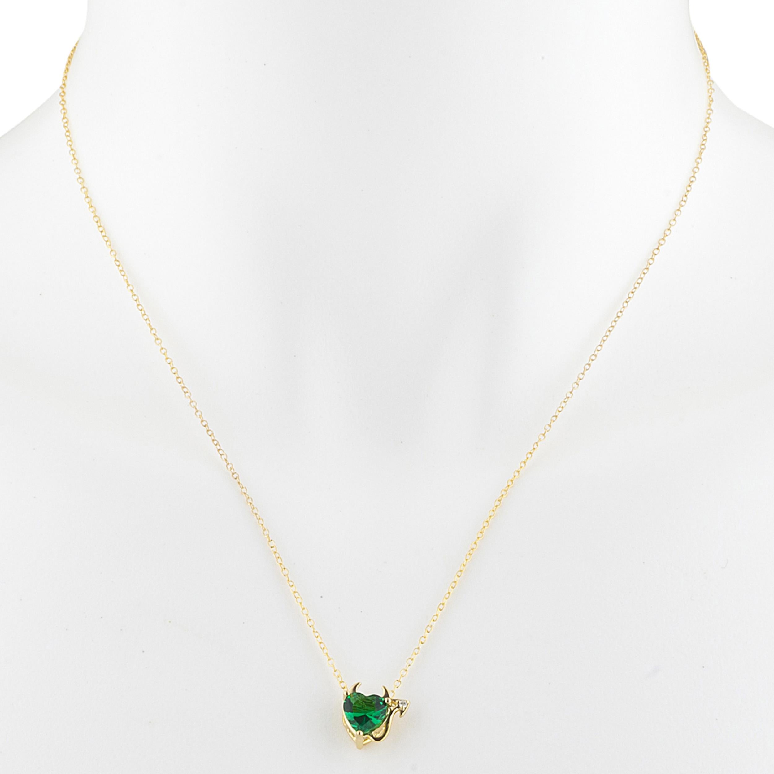 14Kt Gold 1.5 Ct Emerald & Diamond Devil Heart Pendant Necklace