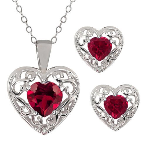 2 Ct Created Ruby Heart Love Engraved Diamond Stud Earrings & Pendant .925 St...