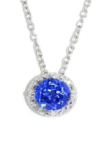 1 Ct Blue Sapphire Round Diamond Pendant .925 Sterling Silver Rhodium Finish