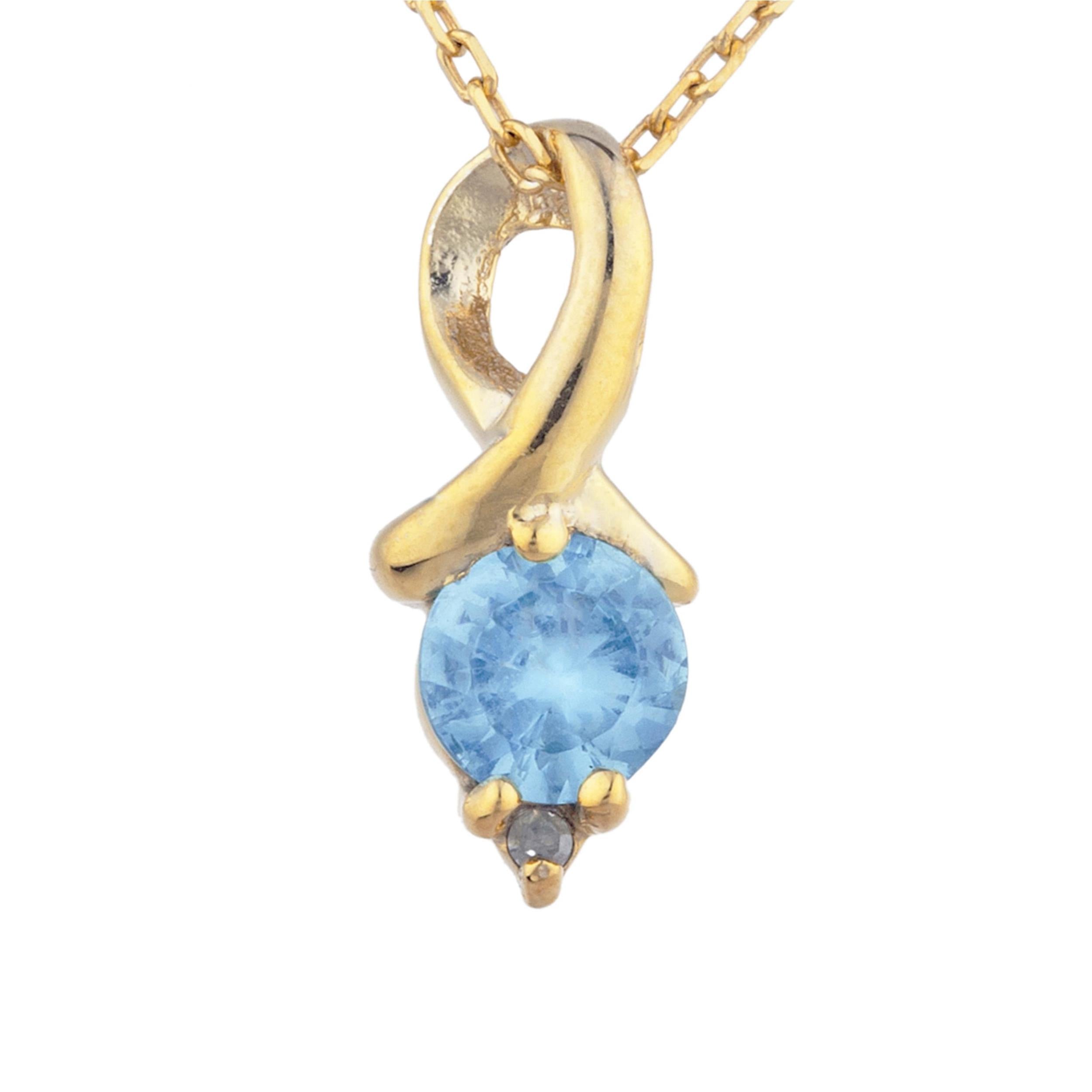 14Kt Gold Blue Topaz & Diamond Round Design Pendant Necklace