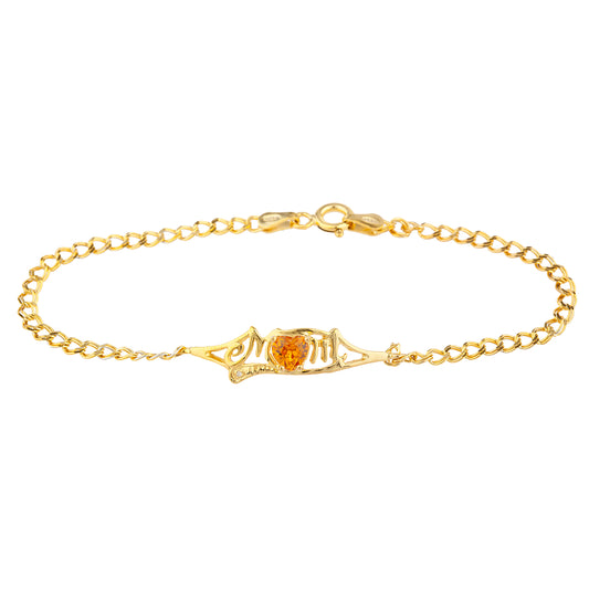 Orange Citrine & Diamond Heart Mom Bracelet 14Kt Yellow Gold Plated Over .925 Sterling Silver