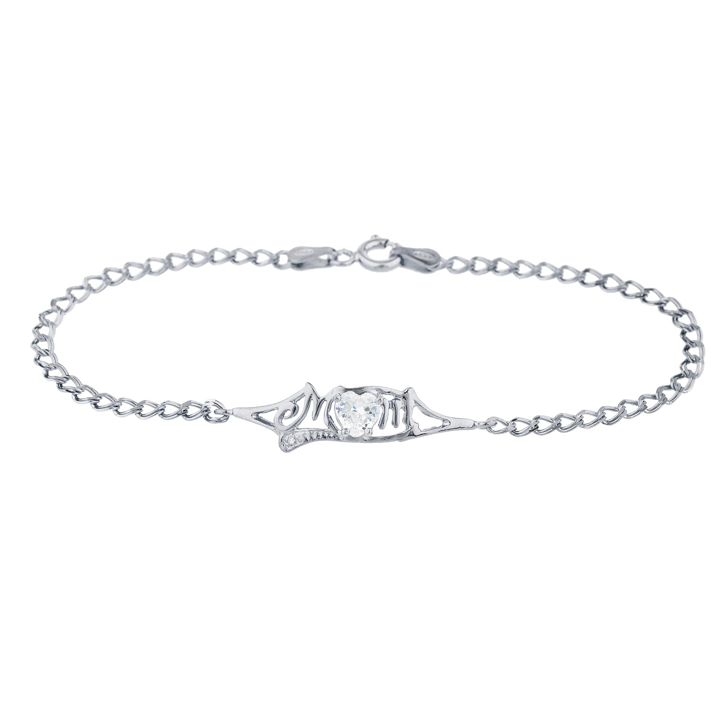 White Sapphire & Diamond Heart Mom Bracelet .925 Sterling Silver