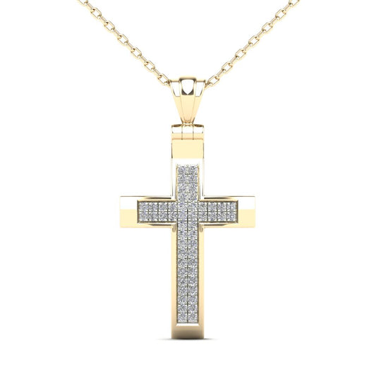 14Kt Yellow Gold Genuine Natural Diamond Cross Pendant Necklace