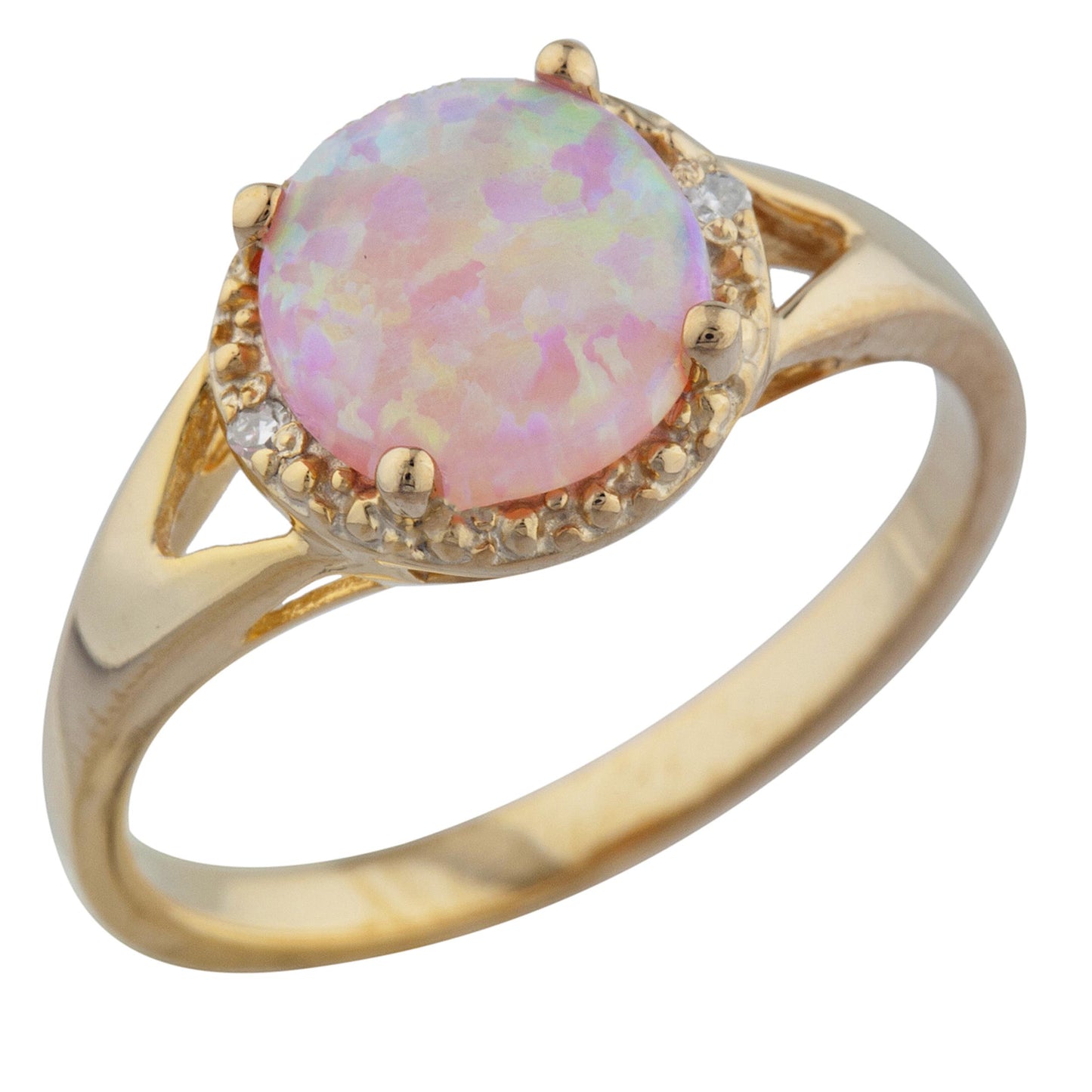 Pink Opal & Diamond Halo Design Round Ring 14Kt Yellow Gold Rose Gold Silver