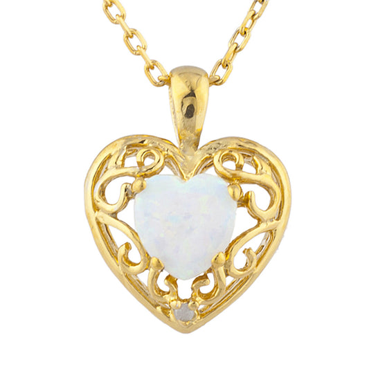 14Kt Yellow Gold Plated Genuine Opal & Diamond Love Design Heart Pendant