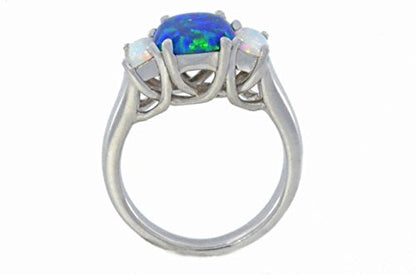 10x8mm Blue Opal & White Opal Oval Ring .925 Sterling Silver Rhodium Finish