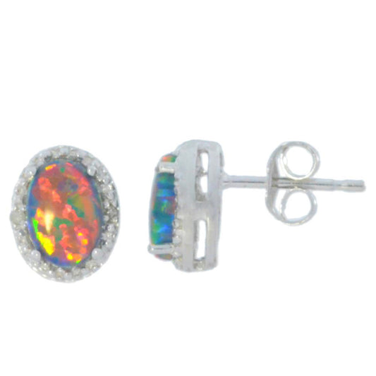 14Kt White Gold Black Opal & Diamond Oval Stud Earrings