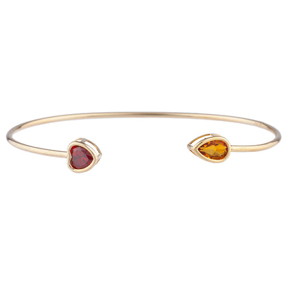 Garnet Heart & Citrine Pear Bezel Bangle Bracelet 14Kt Yellow Gold Plated Over .925 Sterling Silver