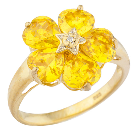 14Kt Gold Yellow Citrine & Diamond Heart Flower Design Ring