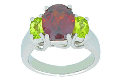 4 Ct Garnet & Peridot Oval Ring .925 Sterling Silver Rhodium Finish