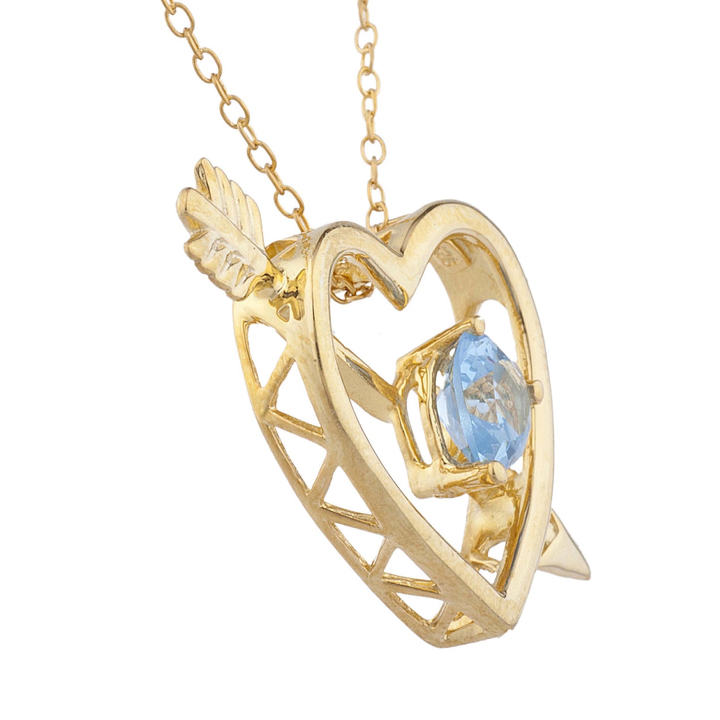 14Kt Yellow Gold Plated Blue Topaz Heart Bow & Arrow Pendant