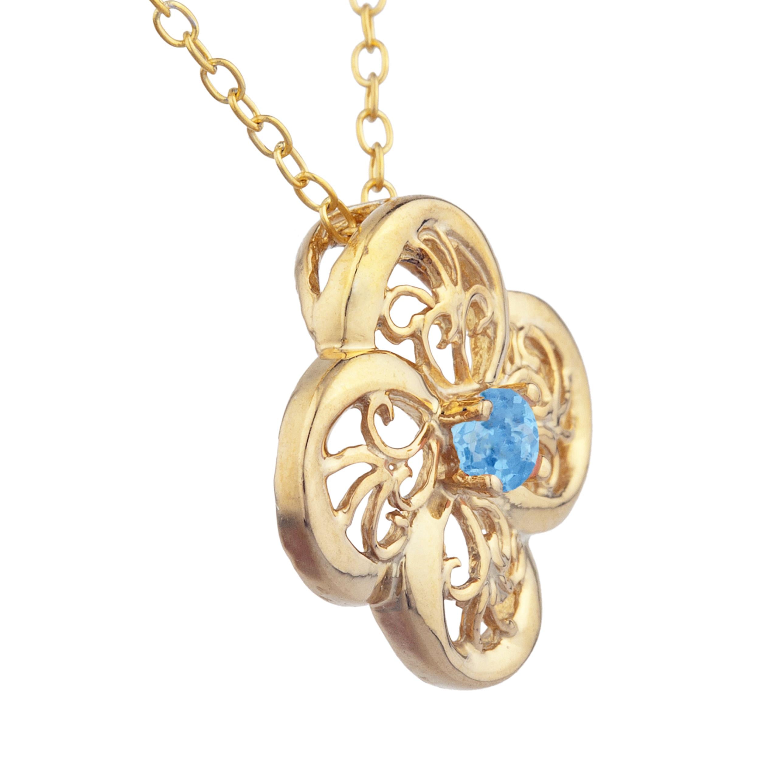 14Kt Gold Blue Topaz Clover Design Pendant Necklace