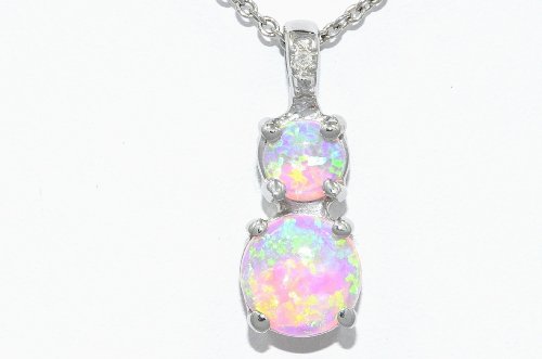 Pink Opal Double Diamond Pendant .925 Sterling Silver Rhodium Finish