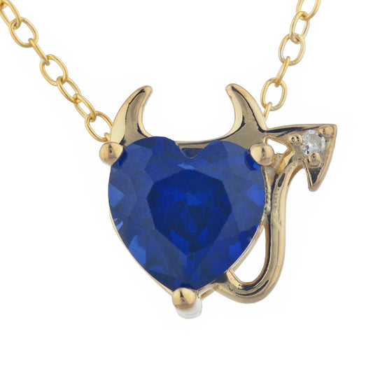 14Kt Gold 1.5 Ct Blue Sapphire & Diamond Devil Heart Pendant Necklace