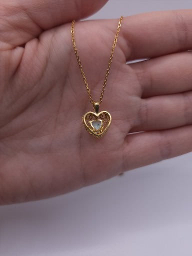 14Kt Gold Opal & Diamond Heart LOVE ENGRAVED Pendant Necklace