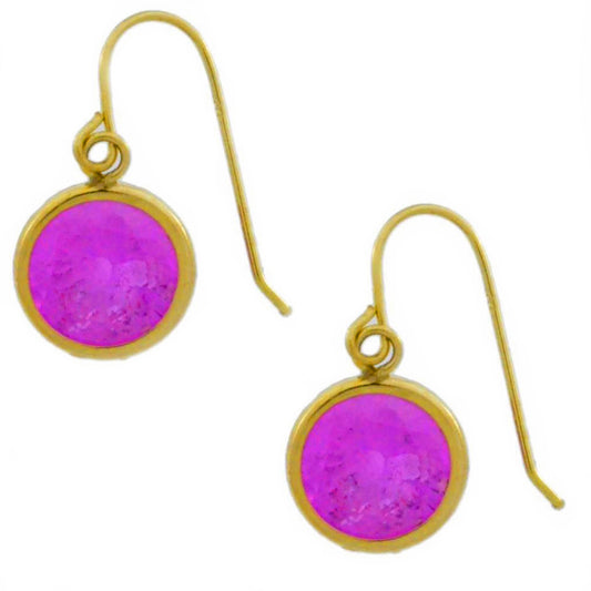 14Kt Yellow Gold Pink Sapphire 6mm Round Bezel Dangle Earrings