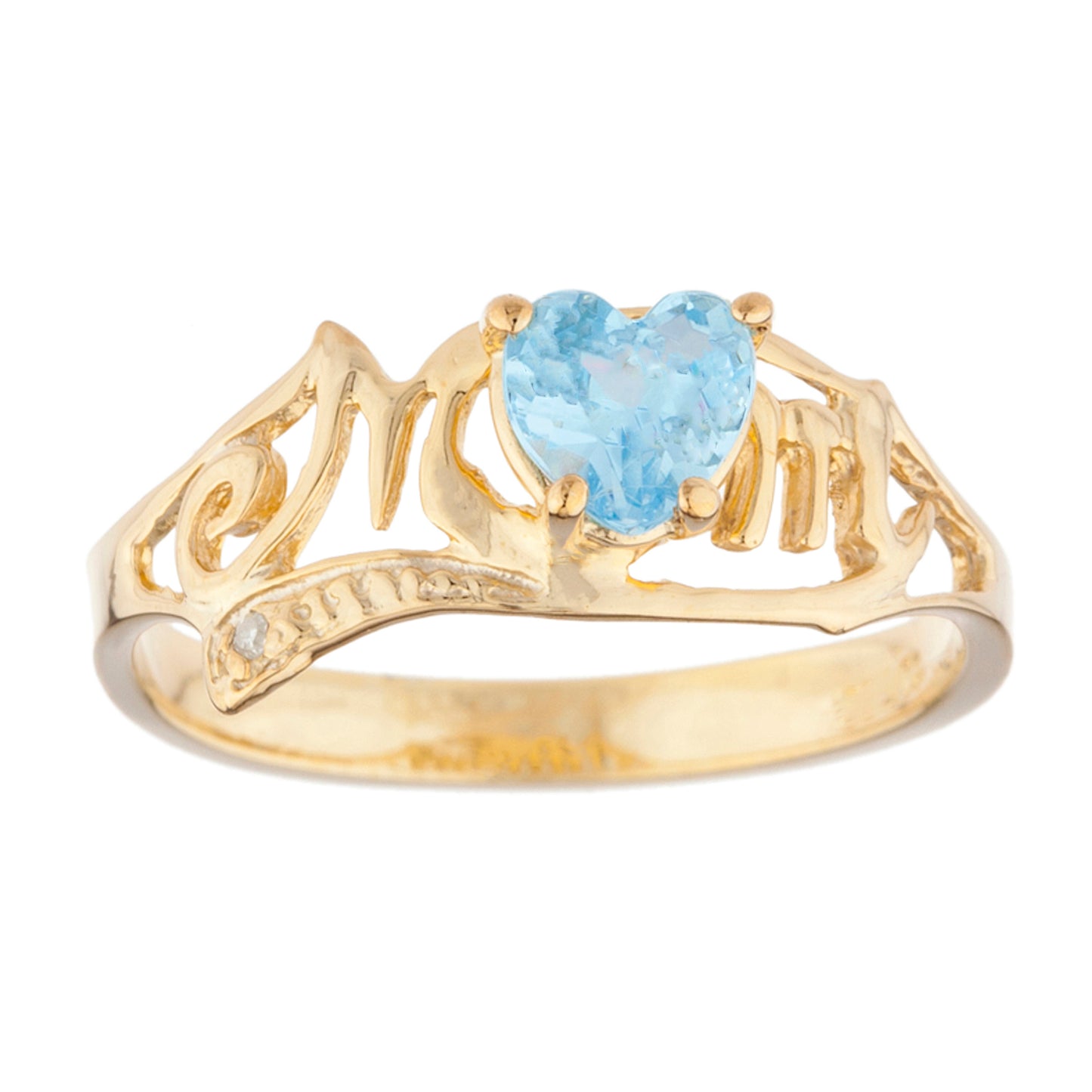 14Kt Gold Blue Topaz & Diamond Heart Mom Ring