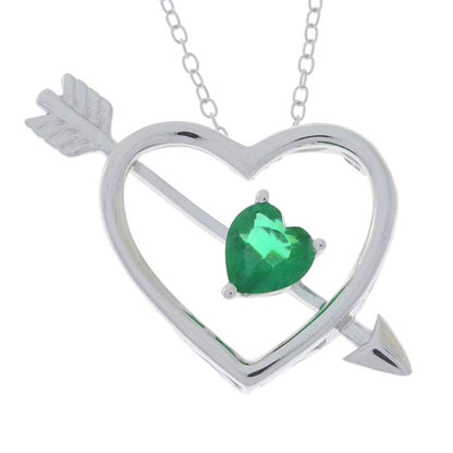 Emerald Heart Bow & Arrow Pendant .925 Sterling Silver Rhodium Finish